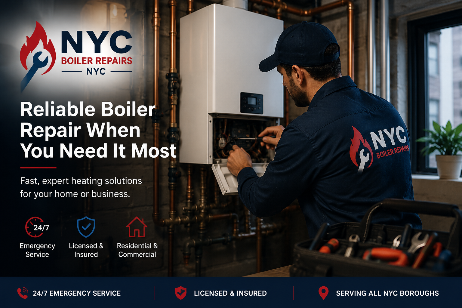 Boiler repair technician servicing a steam boiler in New York City